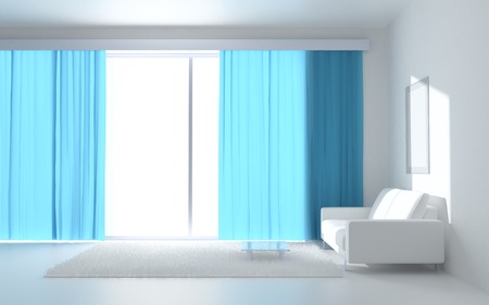 Serene white interior with blue curtains and white sofaの写真素材