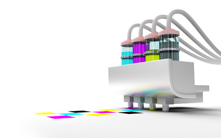 Concept cmyk model. Print cartridge with ink in glass bottles on a white background