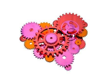 Mechanical heart. Gears of different shades of red, are laid out in a heart shape.の写真素材