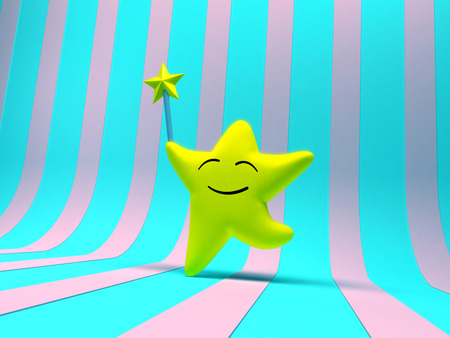 Kawaii smiling star, with a magic wand on a striped background