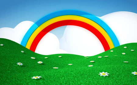 Green field with daisies and rainbows with clouds. 3d cartoon landscapeの写真素材
