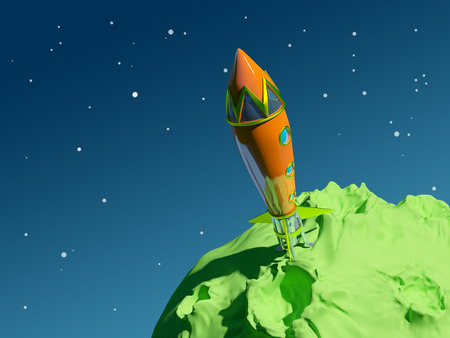 Vintage orange rocket is on the green asteroid, backdrop blue space の写真素材