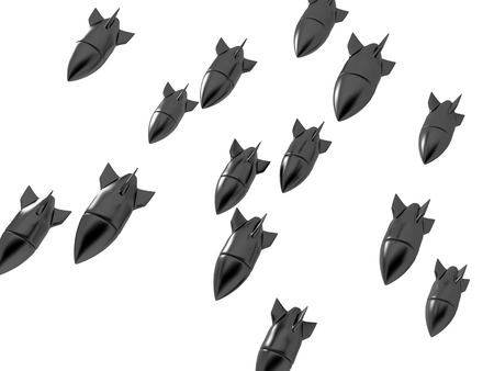 A lot of flying atom bombs on a white backgroundの写真素材