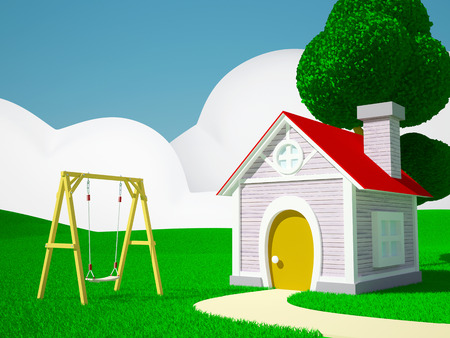 A house with children's swing on a green field, hills and blue skyの写真素材
