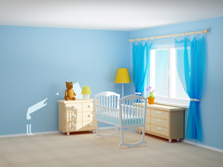 Babys bedroom with cradle, commode and bear. Empty room, 3d illustration.