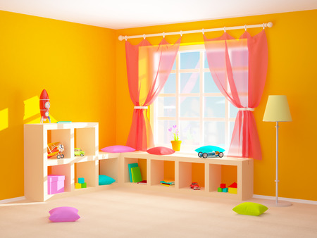 Babys room with shelves with toys. 3d illustration.の写真素材