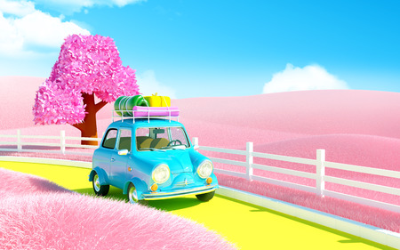 small car on a road in pink field of neverlandの写真素材