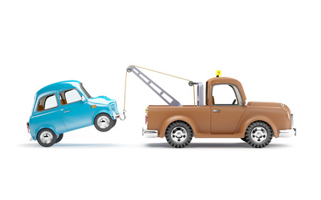 old cartoon tow truck with car on white background, side viewの写真素材