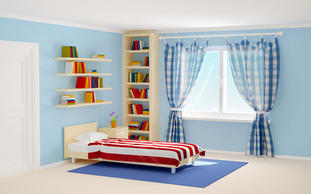bed room with striped bed and bookshelves. 3d illustrationの写真素材