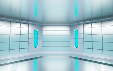 Futuristic hall with metallic walls and blue lights. 3d illustration.の写真素材