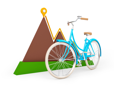 bicycle with sign of map pointer and mountain isolation on white. 3d illustration.の写真素材