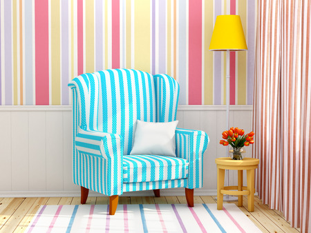 armchair in striped cream interiorの写真素材