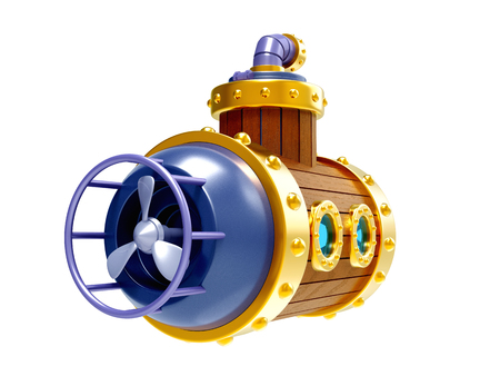 old steampunk vintage wooden submarine back view isolated on white. 3d illustrationの写真素材
