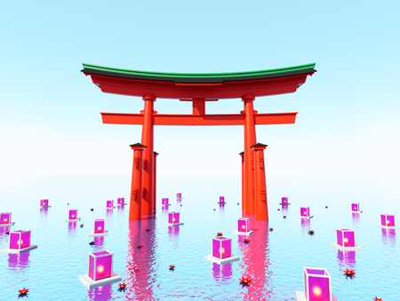japanese gate in water with lanternsの写真素材