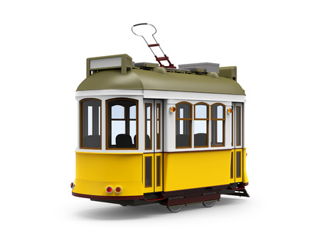 Old yellow tram cartoon, back view, isolated on white. 3d illustrationの写真素材