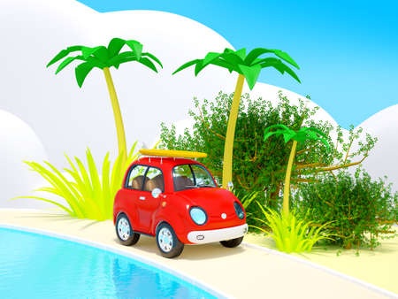 tropical adventure surfboard car with palmの写真素材