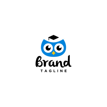 Blue cute owl logo design. Cute Owl Logo Template With Graduation Hats.のイラスト素材