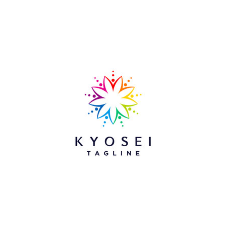 Symbol Nine People Raising Hands Together Logo Design. Kyosei is a Japanese word that means living and working together for the common good. Everyone, regardless of race, religionのイラスト素材