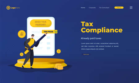 A man filling out 2022 annual tax forms online, annual tax paid conceptのイラスト素材