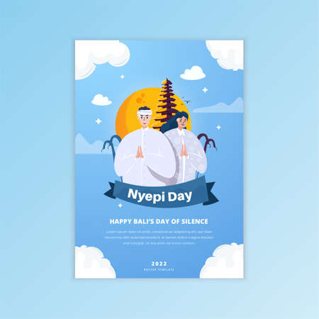 Balinese couple for happy Nyepi day means celebrating Bali's day of silence on poster templateのイラスト素材