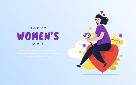 Flat design cute girl sitting on heart symbol for happy women's day greetingsのイラスト素材