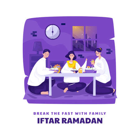 Flat design breaks the fast or iftar ramadan with familyのイラスト素材