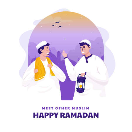 Flat design meets other muslims to join in worship togetherのイラスト素材