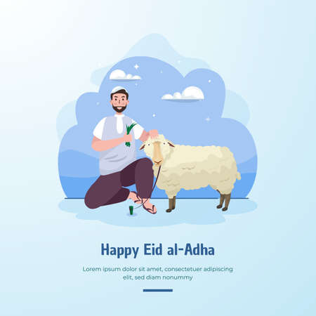 Muslim man sitting with sheepのイラスト素材
