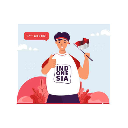 Flat design a man waving Indonesian flag