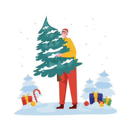 Christmas celebration concept with a man moving Xmas tree flat illustrationのイラスト素材