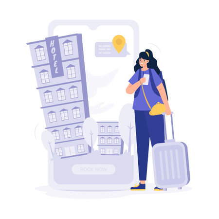 Flat design a woman traveler booking hotel online illustrationのイラスト素材