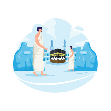 Islamic Pilgrimage with illustration of Sa'i means walking between hills of Safa and Marwahのイラスト素材