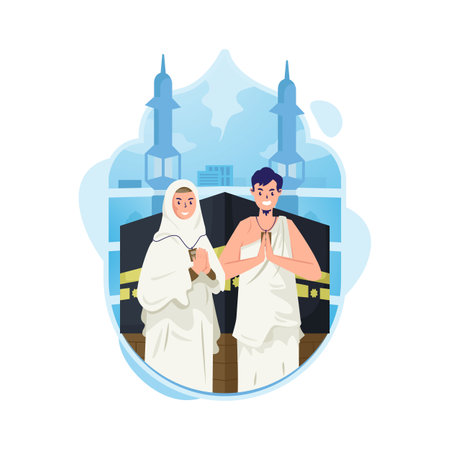 Happy Eid Adha with Islamic Pilgrimage Hajj mabrour flat illustrationのイラスト素材