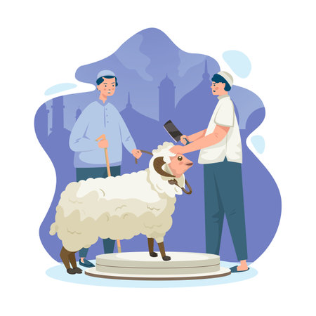 Flat Illustration of a Muslim with sheep sacrifice for Islamic Eid Adhaのイラスト素材