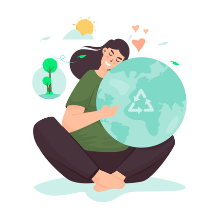 A woman hugs and love planet earth flat illustrationのイラスト素材