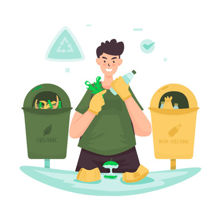 Sorting trash by separating organic and non-organic waste flat illustrationのイラスト素材