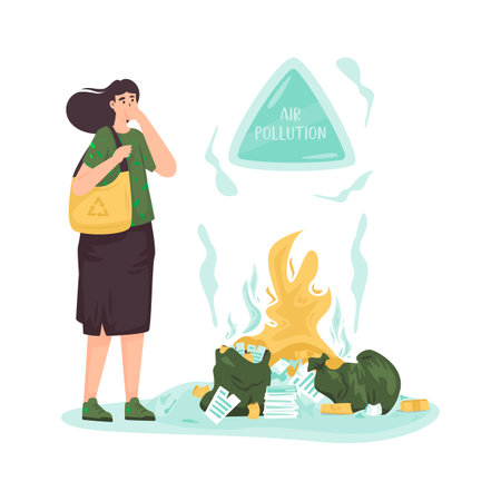 Stop air pollution from burning trash flat illustrationのイラスト素材