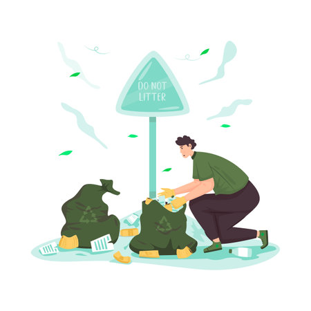 Do not litter by picking up trash for environment care campaign flat illustrationのイラスト素材
