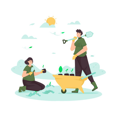 Go green with replanting tree activity flat illustrationのイラスト素材