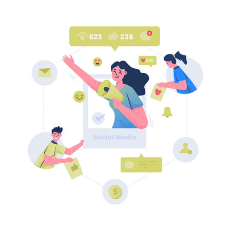 Share viral trending affiliate content on social media flat illustrationのイラスト素材