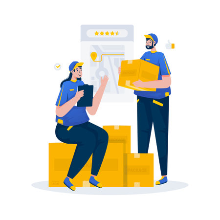 Delivery service courier teamwork discussion flat illustrationのイラスト素材
