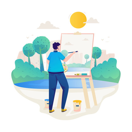 A man doing art nature painting vector illustration designのイラスト素材