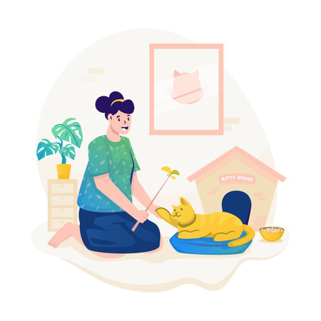 A young woman plays with her cat vector illustration designのイラスト素材