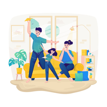 Family leisure time playing paper airplane with child vector illustrationのイラスト素材