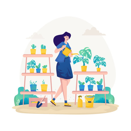 A woman watering decorative plants vector illustration designのイラスト素材