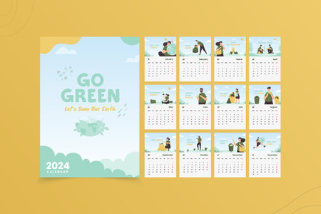 Calendar 2024 design template with go green movement illustrationのイラスト素材