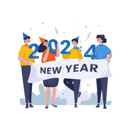 Goup of people celebrates new year 2024 illustrationのイラスト素材