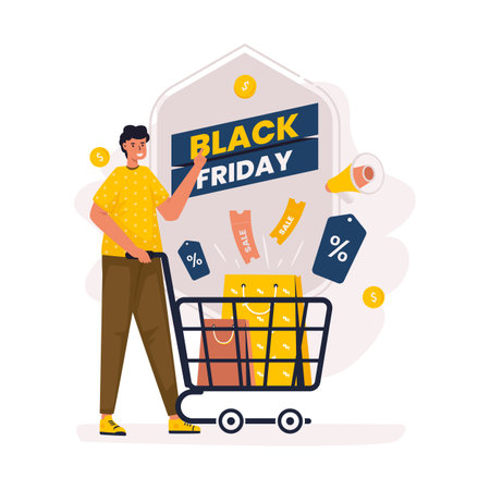 A promotional man on Black Friday sale banner vector illustrationのイラスト素材
