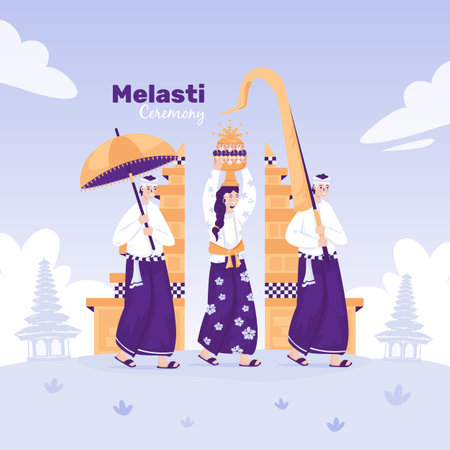 Melasti ceremony celebrates of Bali nyepi day illustration greeting postのイラスト素材