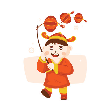 Flat illustration of Chinese boy character playing lampion lanternのイラスト素材